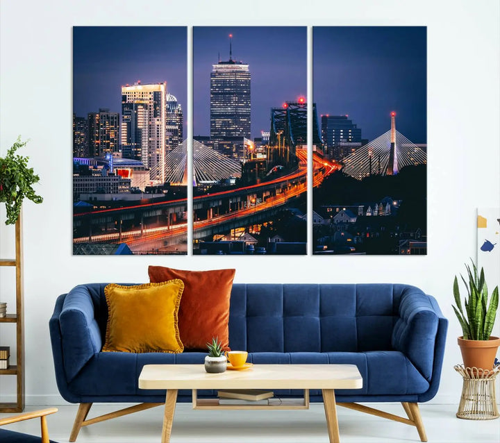 The "Boston City Lights Night Skyline Cityscape View" artwork on the wall showcases a brightly lit bridge at night. It is displayed on museum-quality canvas with a UV-protective coating.