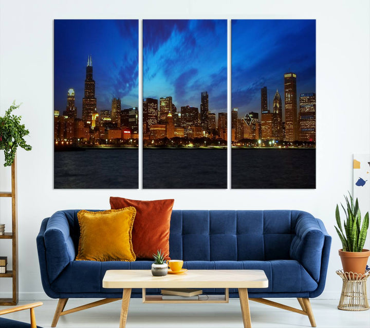 Chicago City Lights Night Blue Wall Art Canvas Print 