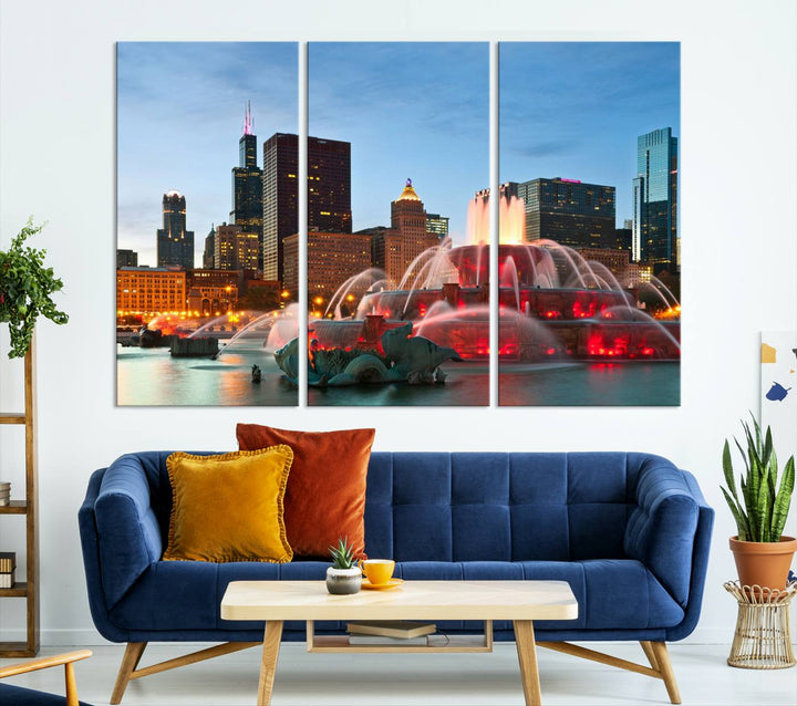 Impresión en lienzo de arte de pared grande con vista del paisaje urbano del horizonte nocturno de las luces de la ciudad de Chicago