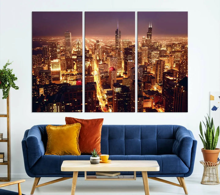 A large artwork showcasing the Chicago Night Skyline cityscape is elegantly displayed on a gallery-wrapped, museum-quality canvas.