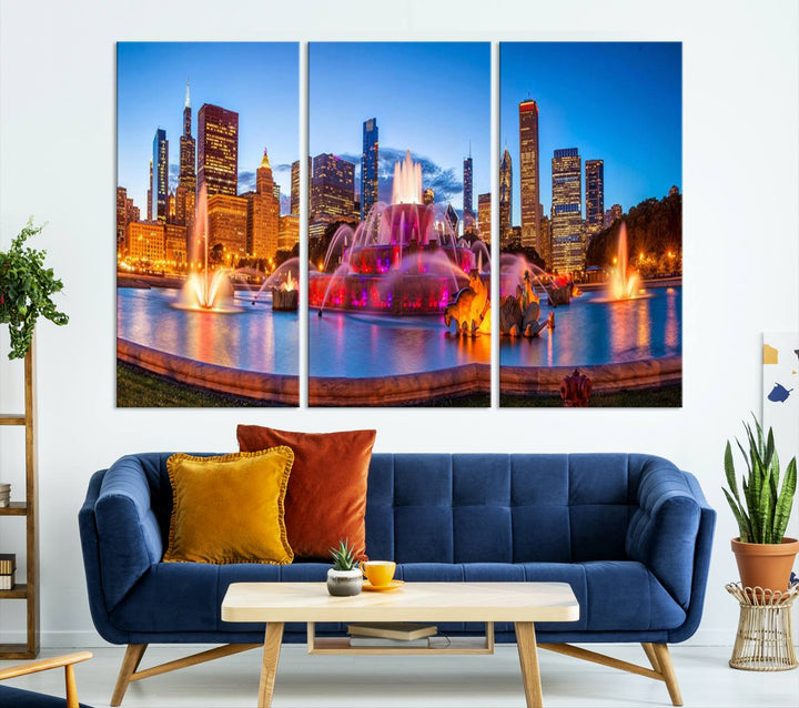 Chicago City Colorful Lights Night Skyline Cityscape View Wall Art Canvas Print