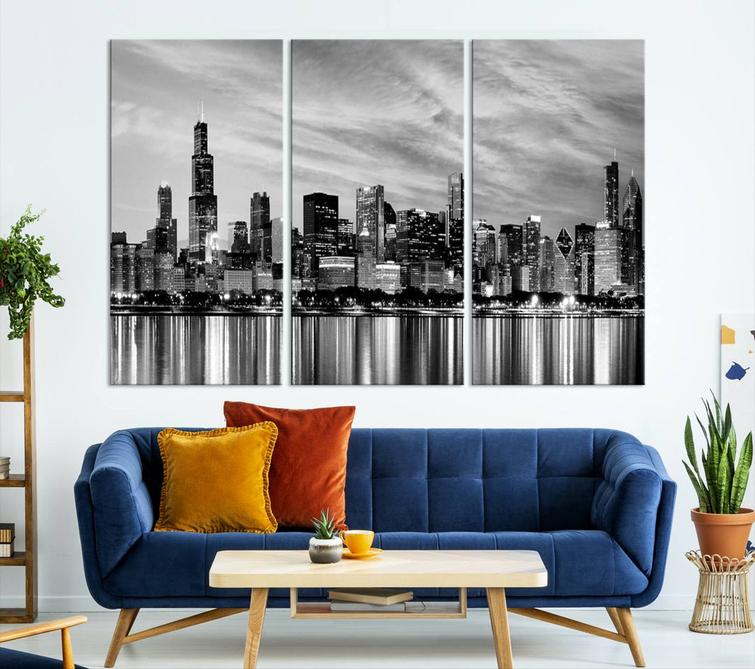 Chicago City Cloudy Skyline Black and White Wall Art Cityscape Canvas Print