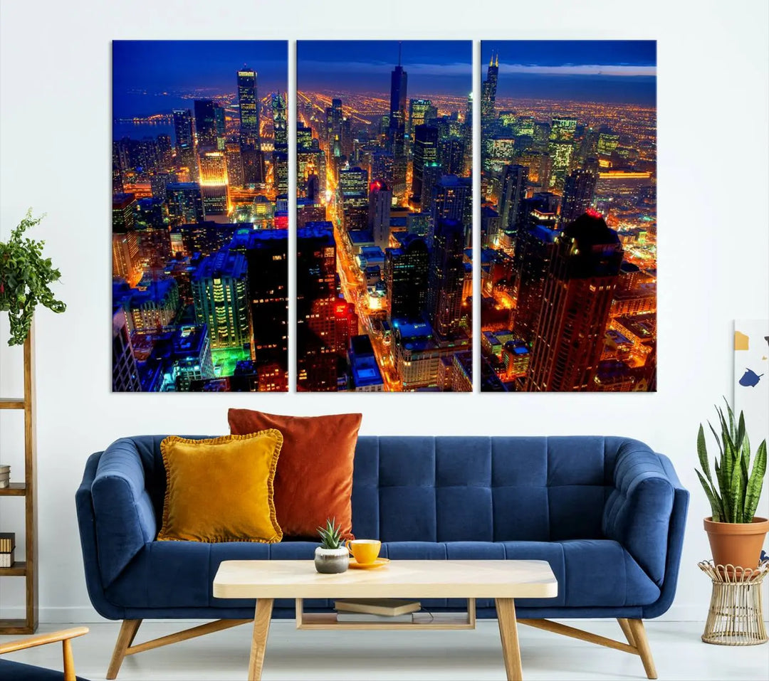 The "Chicago Night Skyline Wall Art" on museum-quality canvas adds long-lasting appeal to the living room.