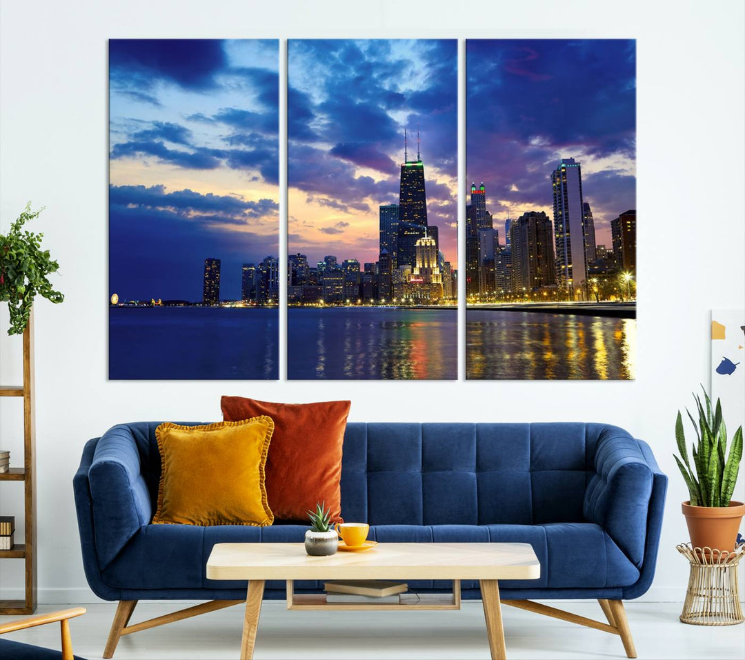 Chicago City Lights Night Cloudy Blue Skyline Cityscape View Wall Art Canvas Print