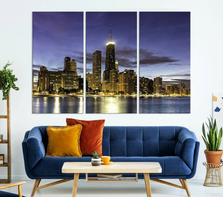 Chicago Night Skyline Cityscape Canvas Picture Print is a stunning three-panel wall art piece, perfect for adding sophistication to any setting. Crafted by professional artisans, this artwork features museum-quality canvases designed to enhance your space. Enjoy free shipping with your purchase.