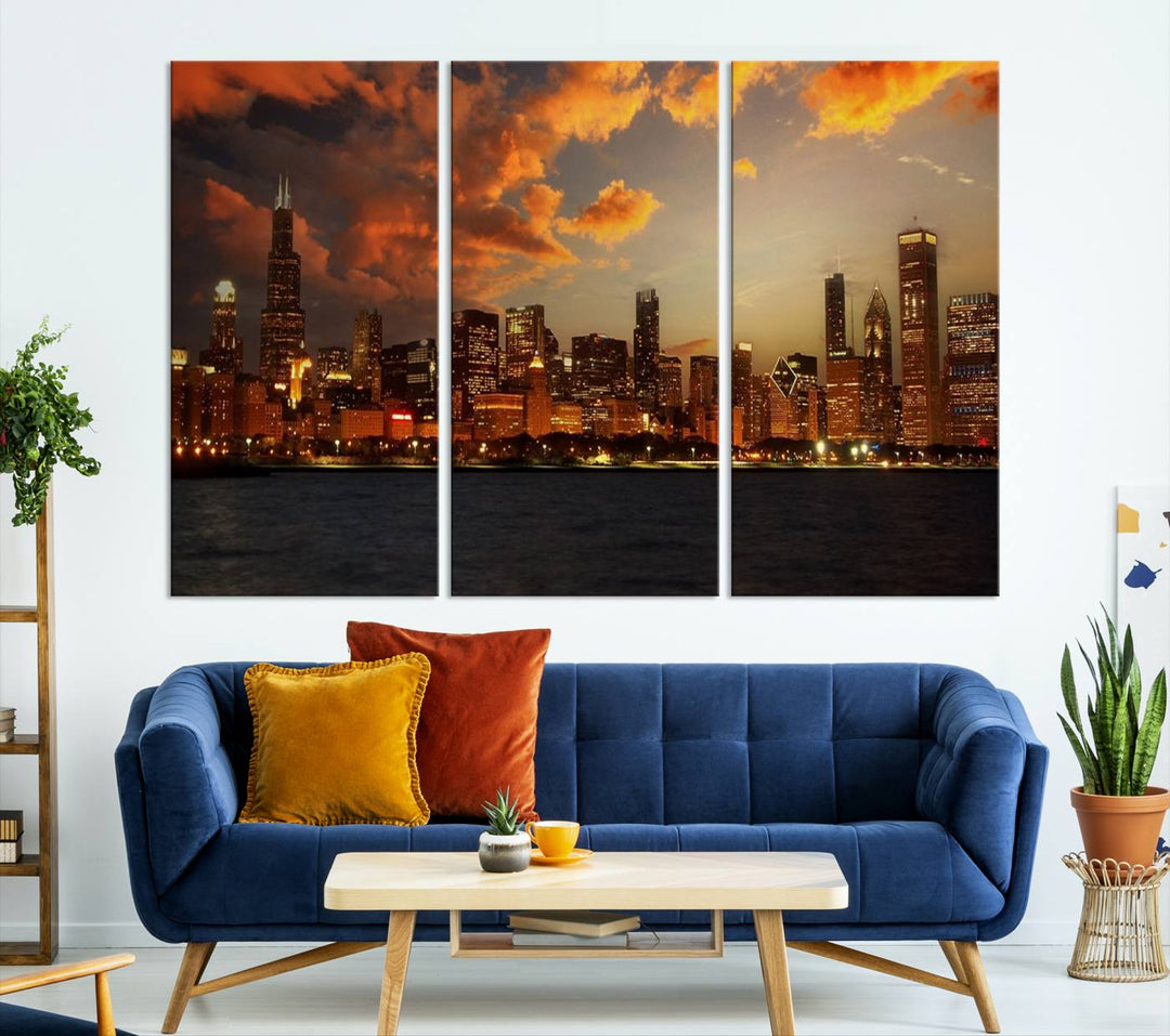 Chicago City Lights Sunset Orange Cloudy Skyline Cityscape View Wall Art Canvas Print