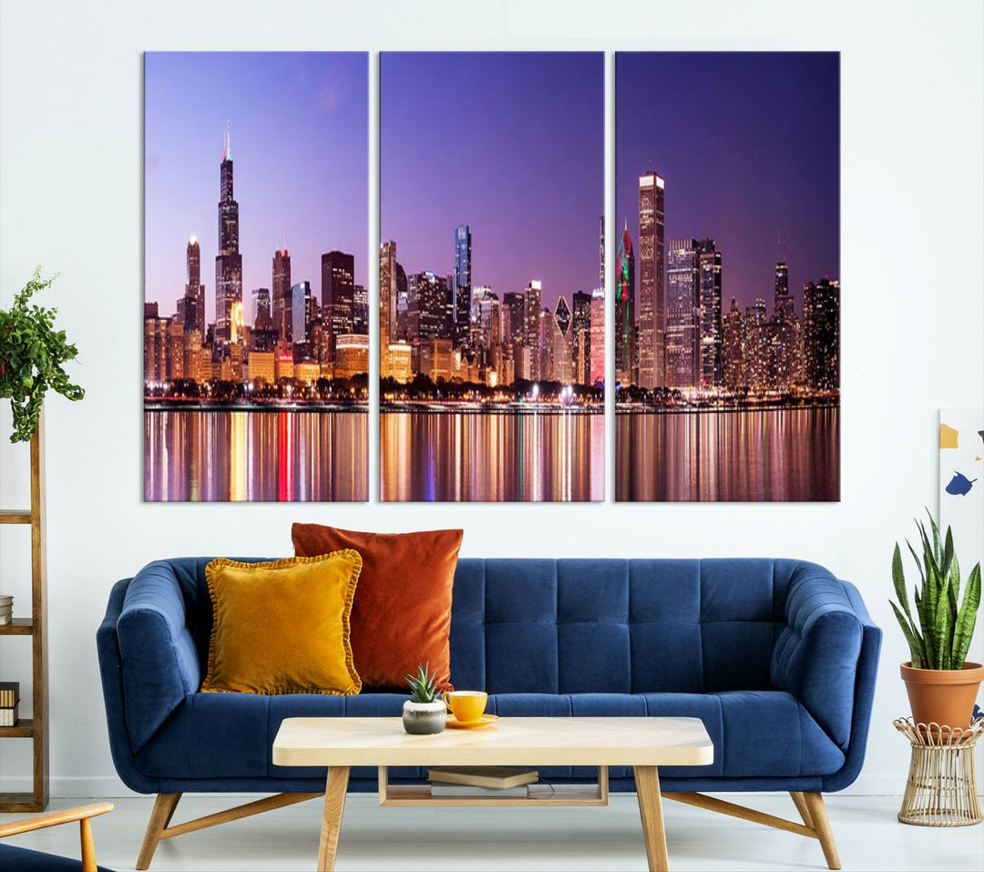 Chicago City Lights Night Purple Skyline Cityscape View Wall Art Canvas Print