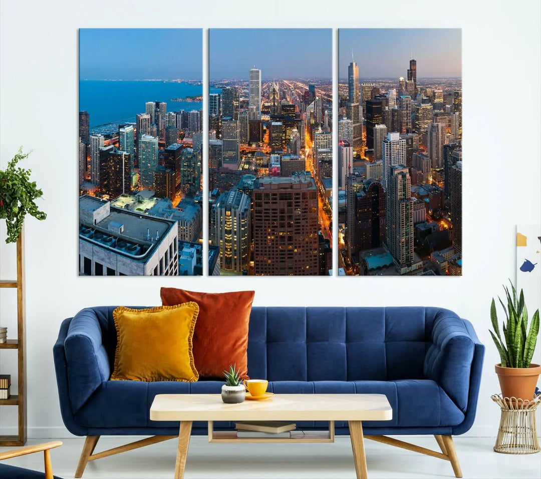 Product Name: Chicago Night Skyline Wall Art City Cityscape

Artwork Description: This artwork is a triptych depicting the Chicago city skyline at night. Created on museum-quality canvas with a UV-protective coating, it comes ready to hang and seamlessly enhances any space.