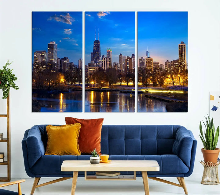 A triptych photo titled "Chicago City Lights Night Blue Skyline Cityscape View Wall Art Canvas Print" is elegantly displayed on gallery-wrapped, museum-quality canvases.