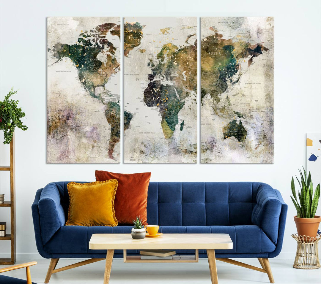 Impresión de arte de pared de mapa del mundo grande - Mapa en lienzo Galería Juego de pared de 3 paneles Regalo para mapa de viajero