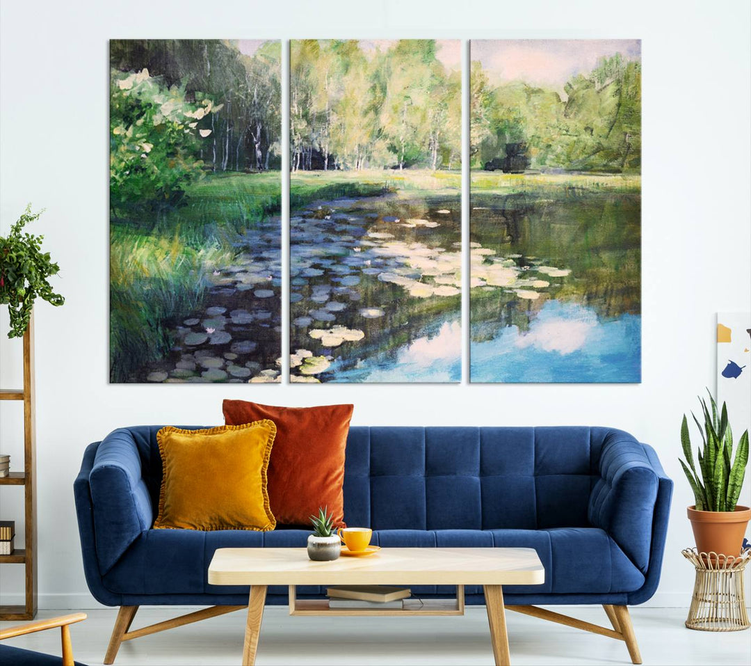 The "Forest Pond River Lake Wall Art Canvas Print" showcases a serene lakeside landscape with trees and water lilies. Crafted on museum-quality canvases and enhanced with UV-protective coating, this piece serves as an elegant addition to any space.