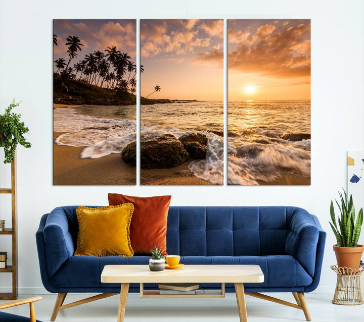 The "Tropical Island Sunset Sunrise Wall Art Canvas Print" is a stunning triptych that showcases a tranquil beach sunset complete with waves and palm trees. Each canvas piece is meticulously hand-assembled and framed using museum-quality polycotton with a UV-protective coating to ensure enduring beauty.