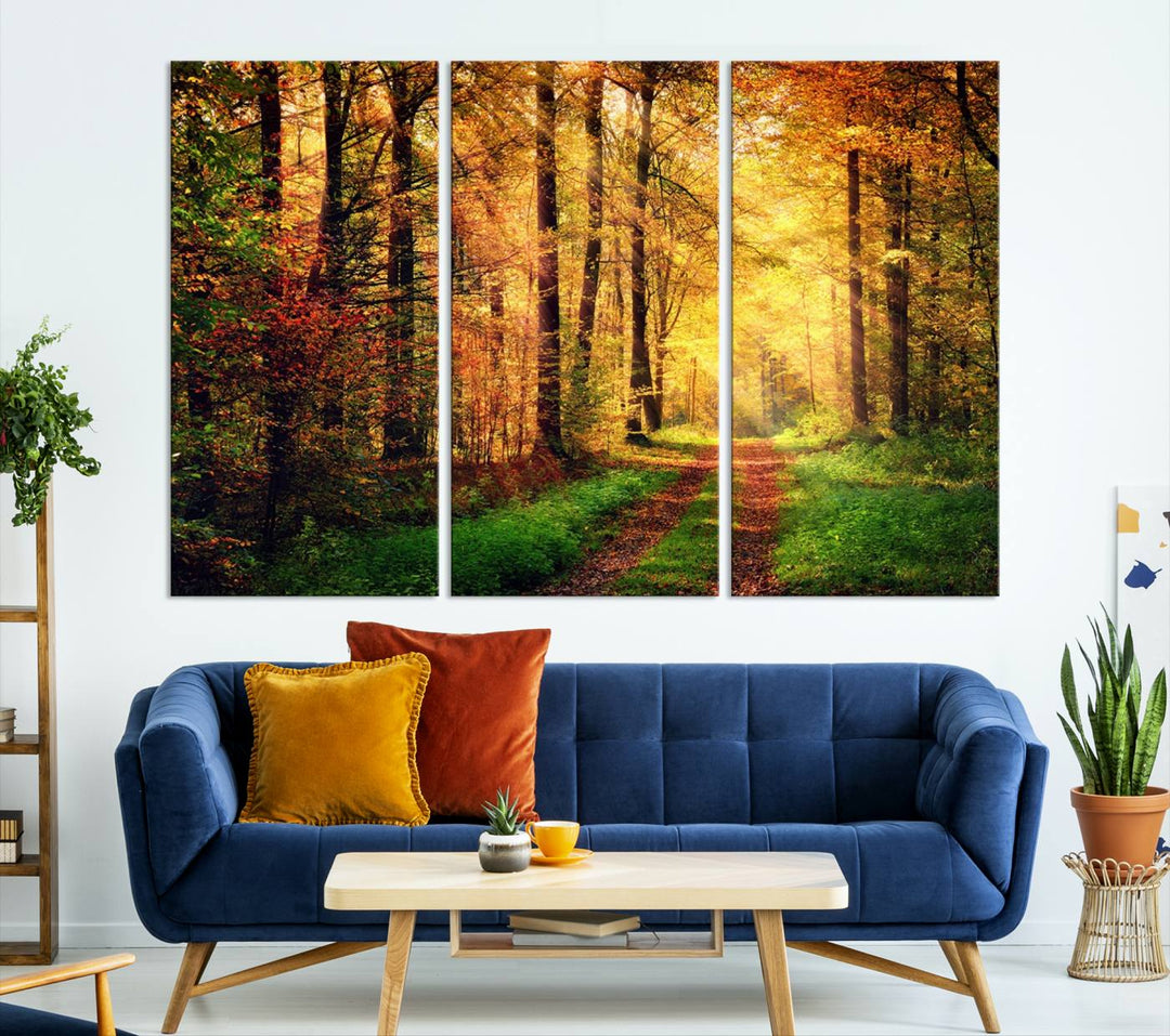 The Sunlight Through Trees Wall Art Canvas Print showcases a sunlit forest path in autumn on gallery-wrapped, museum-quality canvas with UV-protective coating.