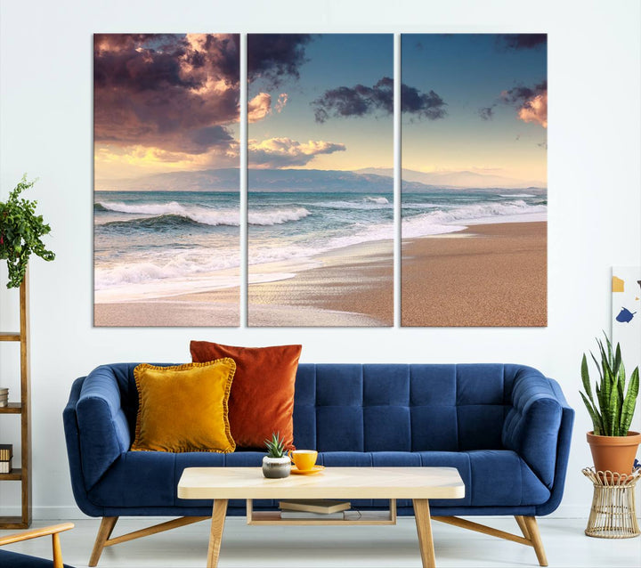 Arte de la pared del amanecer del atardecer de la playa del clima nublado Lienzo