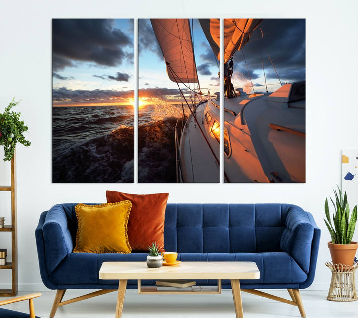 The modern living room is adorned with the Ocean Sunset Sailboat Wall Art, a triptych crafted on museum-quality canvas featuring UV-protective coating for lasting vibrancy.