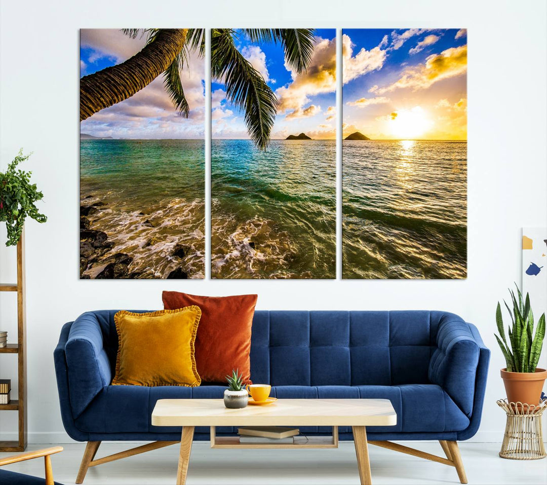 The Sunset Lake View Wall Art Canvas Print, gallery wrapped on a museum-quality canvas, enhances the vibrant living room decor with its UV-protective coating.