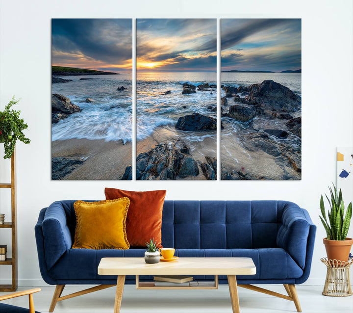 The "Beautiful Stormy Sunset at Bagh Steinigidh Beach Stones" triptych ocean-themed wall art is displayed on museum-quality canvas and features a UV-protective coating.