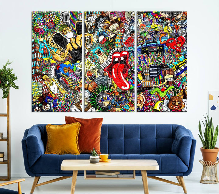 The Crazy Colors Music Vibes Wall Art Canvas Print showcases vibrant multi-panel abstract designs with colorful details on museum-quality canvas and is protected by a UV-coating.