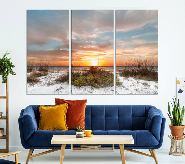 The Beach Ocean Sunset Sand Wall Art Canvas Print is expertly crafted on museum-quality canvases with a UV-protective coating.