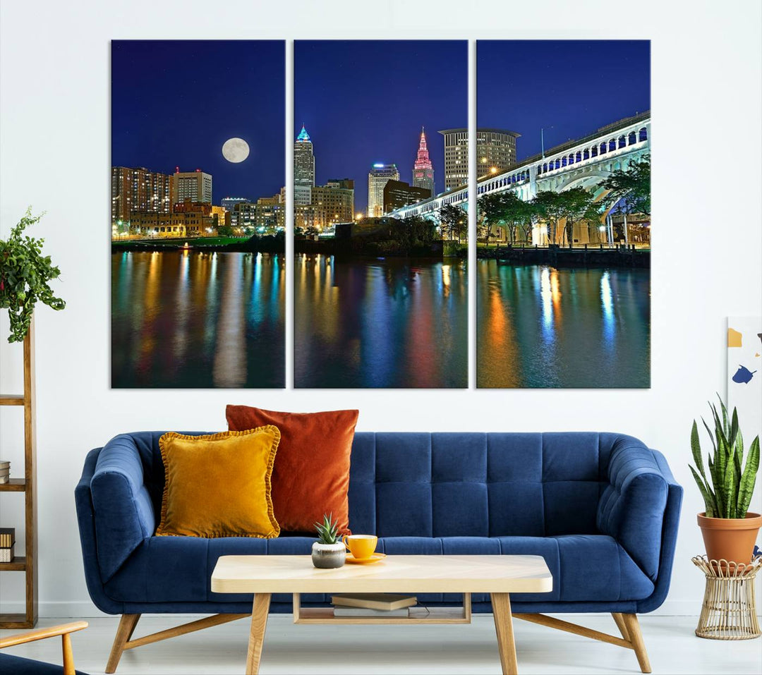 Cleveland City Lights Night Skyline, a stunning triptych wall art cityscape canvas print with museum-quality UV-protective coating, is beautifully showcased.