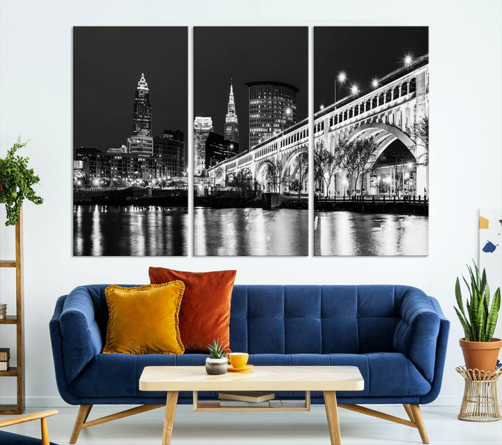 Enhance your space with the Cleveland Night Skyline Wall Art City Cityscape Canvas Print, a museum-quality black and white triptych. This ready-to-hang masterpiece is designed to elevate any room's aesthetic.