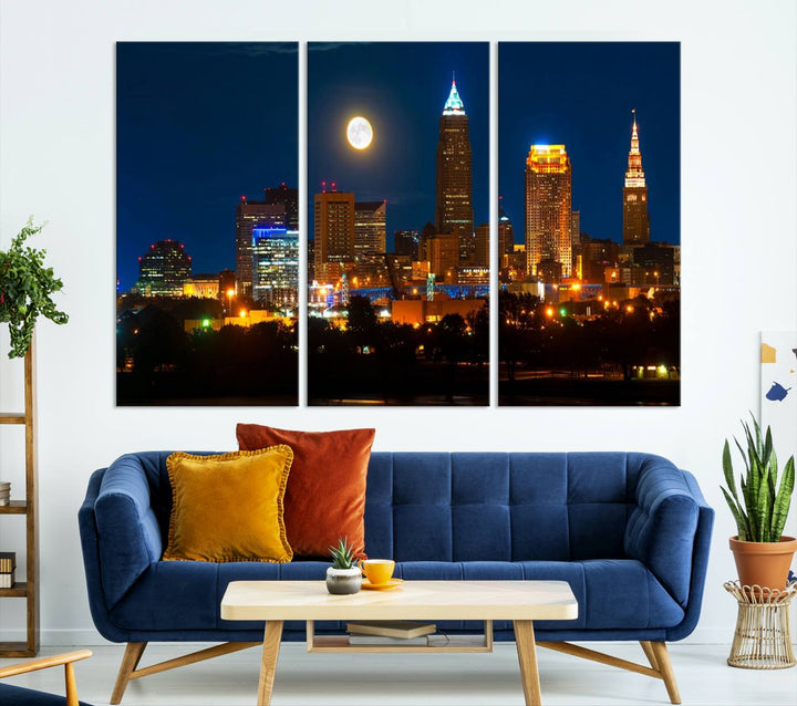 The "Cleveland Night Skyline Wall Art City Cityscape Canvas Print" adds elegance to the room with its depiction of a city skyline and full moon on museum-quality canvas. The artwork is enhanced by a UV-protective coating to ensure lasting brilliance.