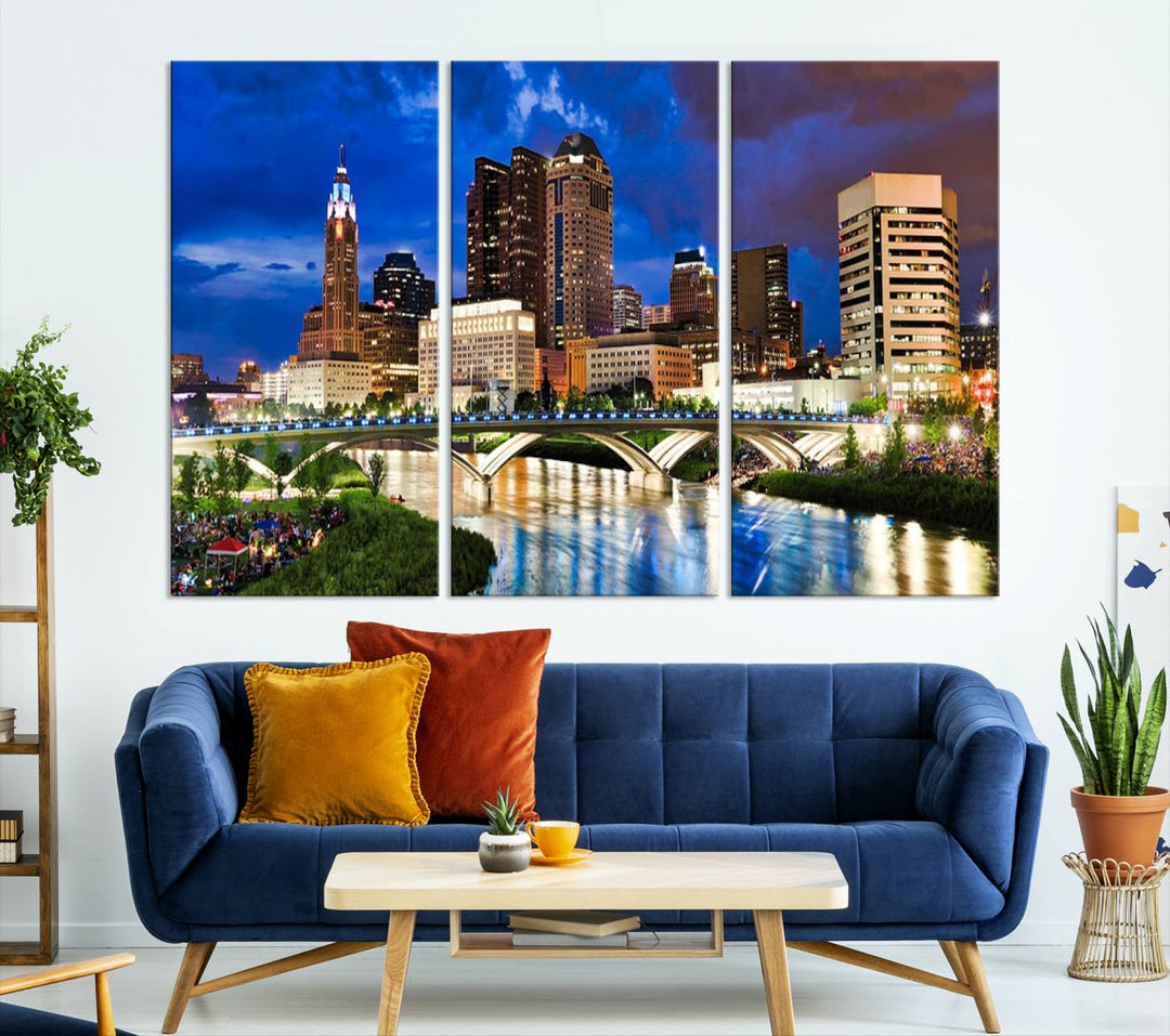 The Columbus City Lights Night Bright Blue Cloudy Skyline Cityscape View Wall Art Canvas Print, crafted on museum-quality canvas and finished with a UV-protective coating, adorns the wall.