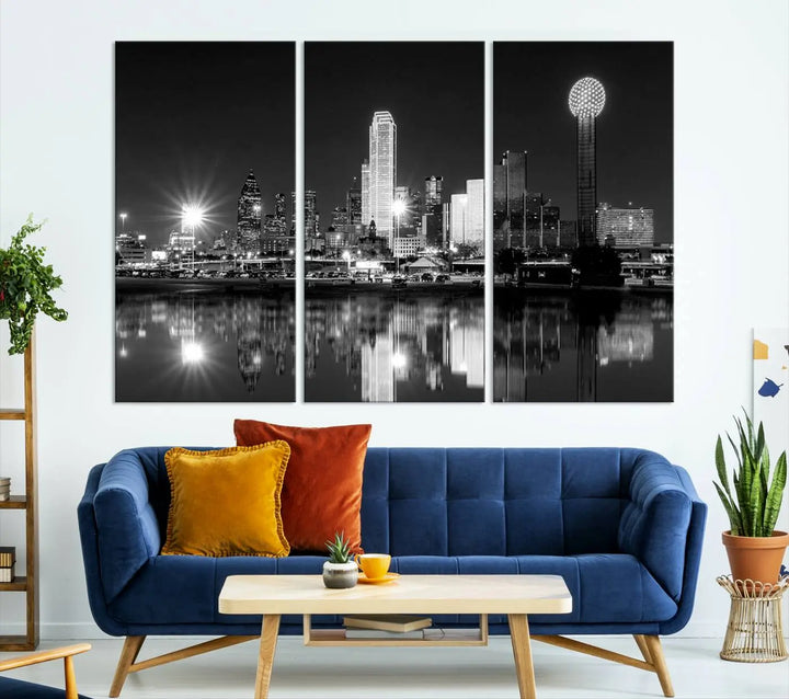 The Dallas City Lights Skyline Black and White Wall Art Cityscape Canvas Print is a striking addition to any space. These museum-quality canvases feature a UV-protective coating to maintain their beauty over time. Enjoy the convenience of free shipping when you choose this elegant piece for your home.