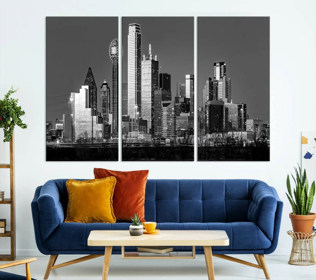 A black and white triptych of the Dallas city skyline is displayed, crafted on museum-quality canvas. This wall art piece is ready to hang, with each component adorned with a UV-protective coating to maintain its captivating appeal.