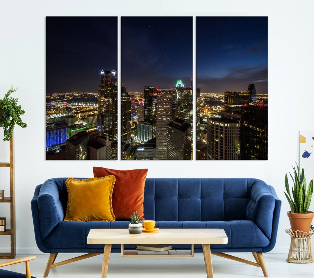 A living room showcasing a Dallas City Lights Night Skyline Cityscape View Wall Art Canvas Print, a three-panel artwork on museum-quality canvas with vibrant colors and durability.