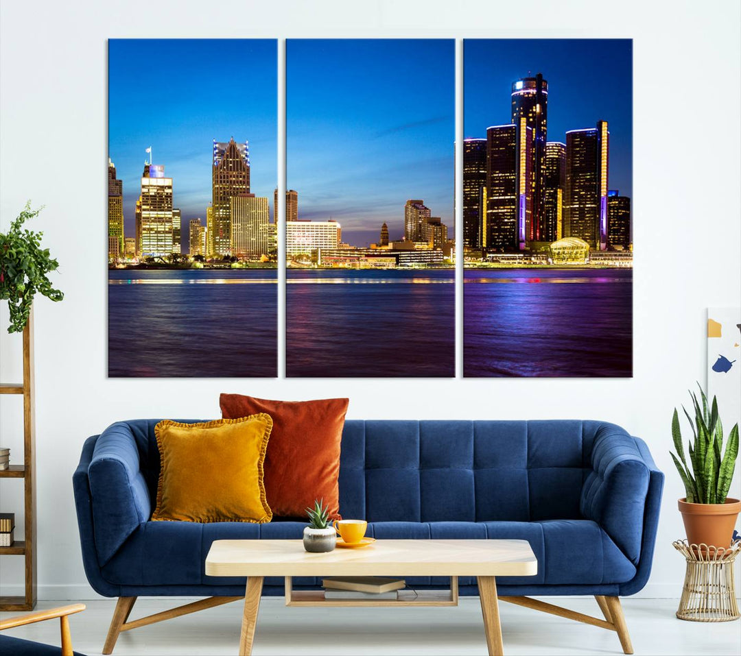 The living room features a breathtaking canvas print titled "Detroit City Lights Night Bright Blue Skyline Cityscape View," presented in a stunning triptych format on museum-quality canvases that are ready to hang.