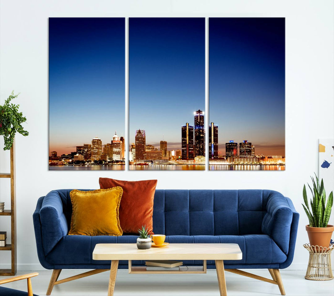 The Detroit City Lights Sunrise Skyline Cityscape View Wall Art Canvas Print adorns the modern living room. Crafted on museum-quality canvas with a UV-protective coating, this piece is ready to hang and elegantly elevates your décor.