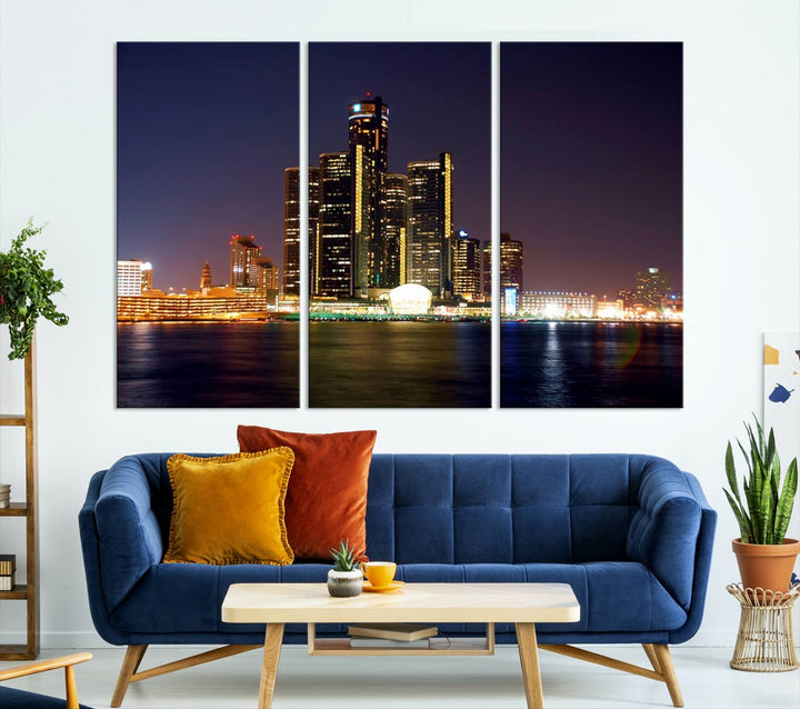 The Detroit City Lights Night Skyline Cityscape View Wall Art Canvas Print, elegantly split into three panels, is made from museum-quality pollycotton and gallery wrapped for a sophisticated touch. It is available with free shipping to effortlessly elevate your space.