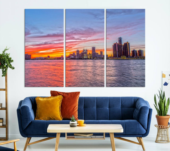 The Detroit City Lights Sunset Colorful Cloudy Skyline Cityscape View Wall Art Canvas Print showcases a vibrant city skyline at sunset over water. The artwork is museum-quality, comes ready to hang, and features a UV-protective coating to preserve its vivid colors.