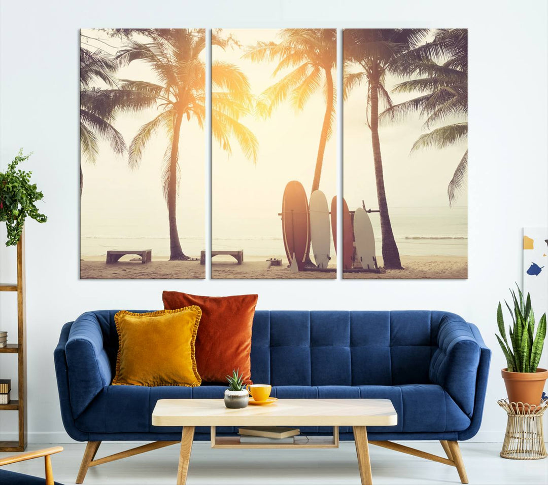 Surfboard and Palm Tree on Beach Double Exposure with Colorful Bokeh Sunset Light Wall Art Canvas