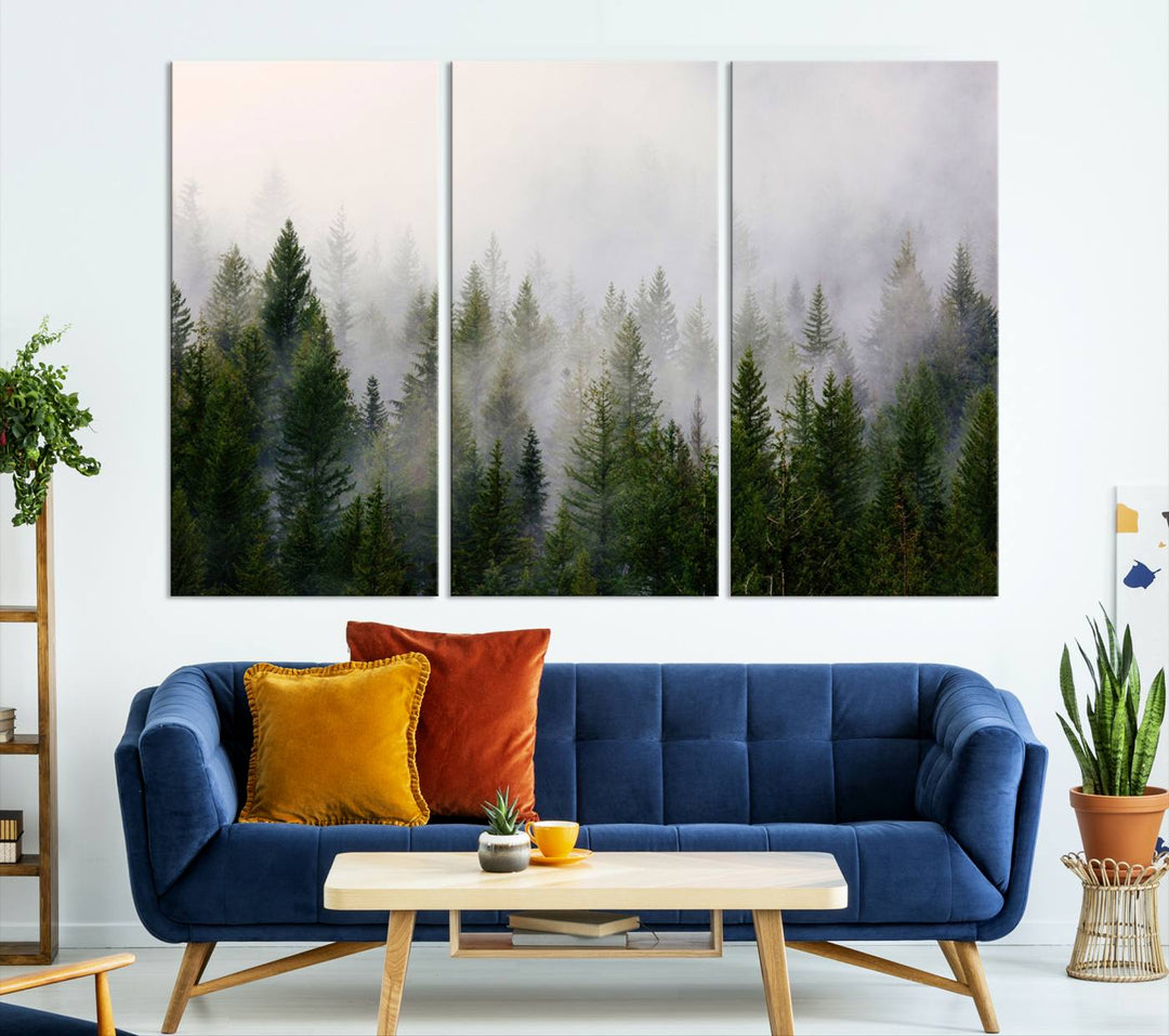 A 3-panel Misty Pine Forest Wall Art Canvas Print, featuring a green woodland scene, adorns the wall.