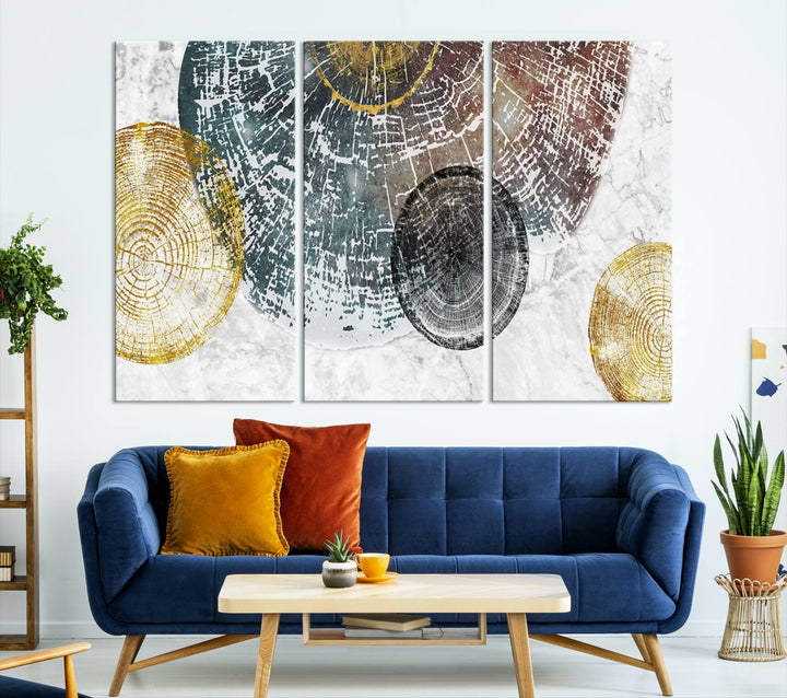 Contemporary living room showcasing the "Wood Lines" 3 Panel Abstract Wall Art Canvas Print displaying museum-quality tree ring art on the wall.