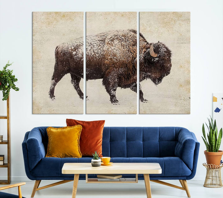 The "Buffalo Wall Art" canvas print, featuring a Western bison, hangs prominently, infusing the space with rustic cowboy and Western decor.