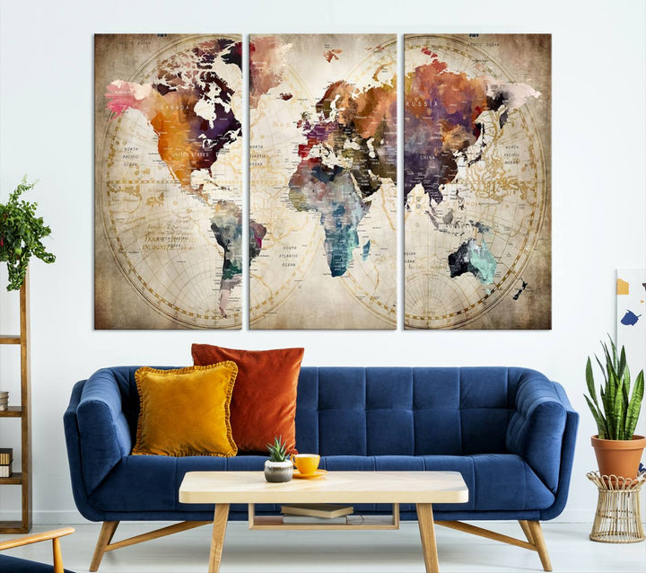 A World Map Wall Art Canvas Print featuring vibrant colors is crafted on museum-quality canvas, adding a touch of elegance to the room.