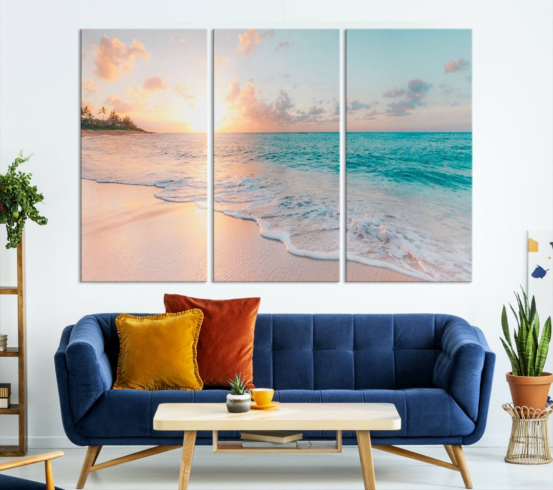 Beach Sunrise Wall Art, Coastal Seascape Canvas Print, Ocean Wave Multi-Panel Giclee, Coastal Sunset Beach Scene for Modern Decor