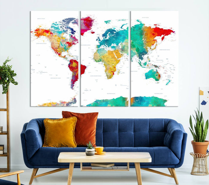 A stunning Colorful World Map Triptych Canvas Print, featuring a ready-to-hang framed design, adds vibrancy and modern flair to the space, effortlessly elevating the entire home décor.