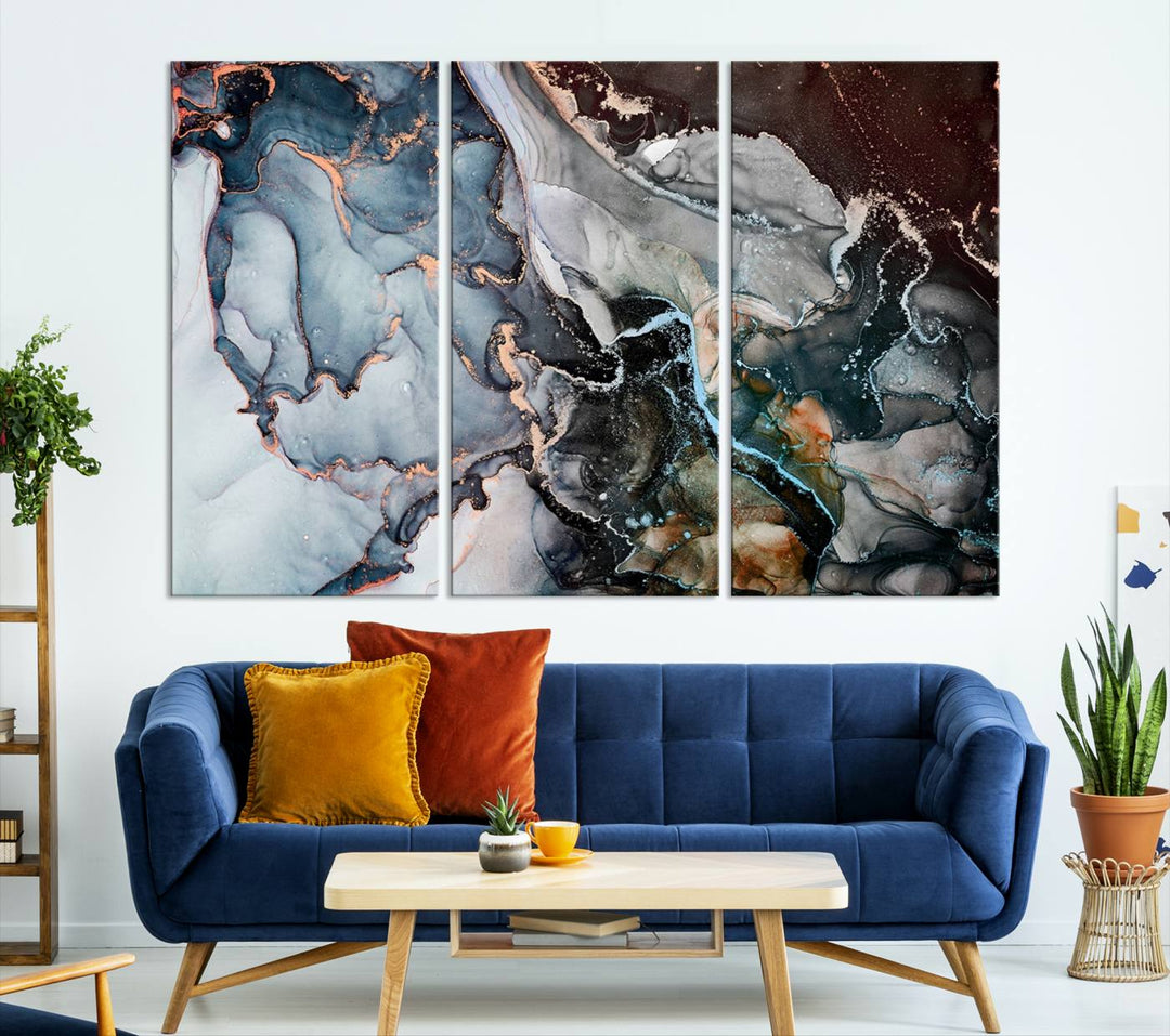 The Mix Color Large Abstract Marble Wall Art Canvas Print is printed on museum-quality canvas. It features a UV-protective coating and is ready to hang, adding elegance to the room.