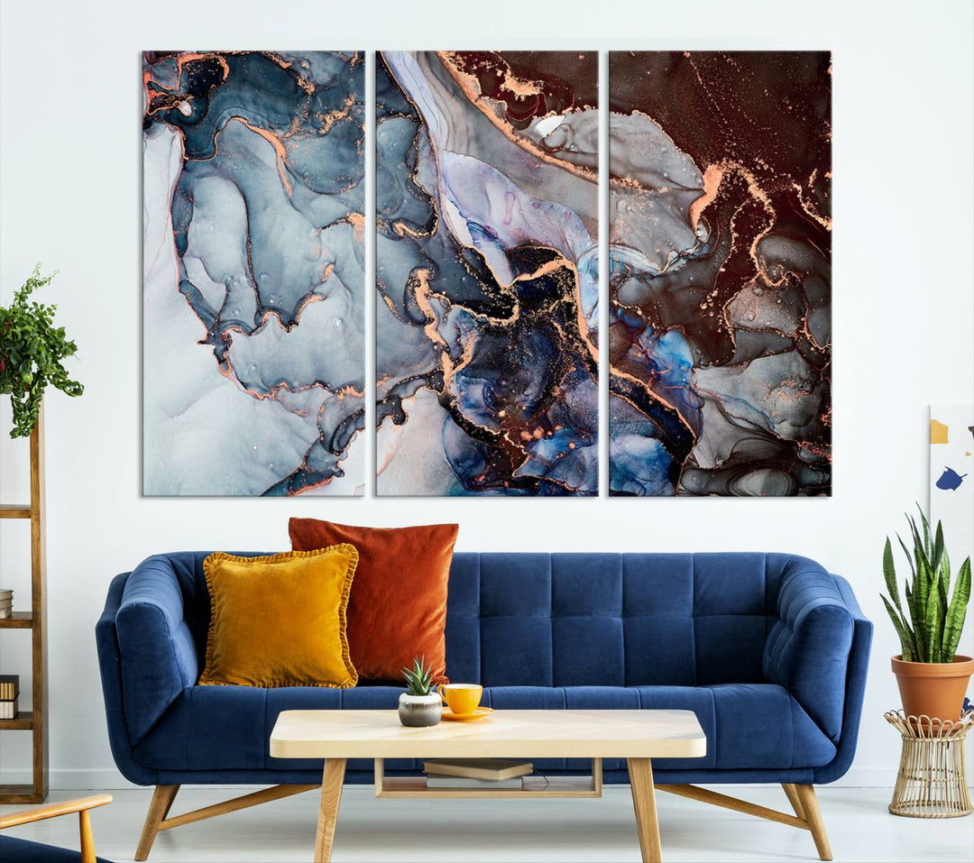 Brown Blue Abstract Marble Wall Art Canvas Print