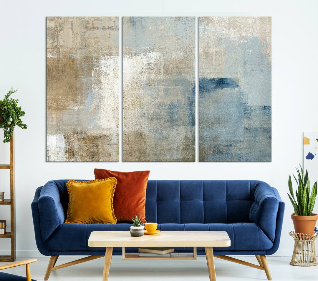 Abstract Blue and Beige Wall Art, Modern Minimalist Canvas Print Set, Giclee Textured Art, Large Multi-Panel Artwork for Living Room