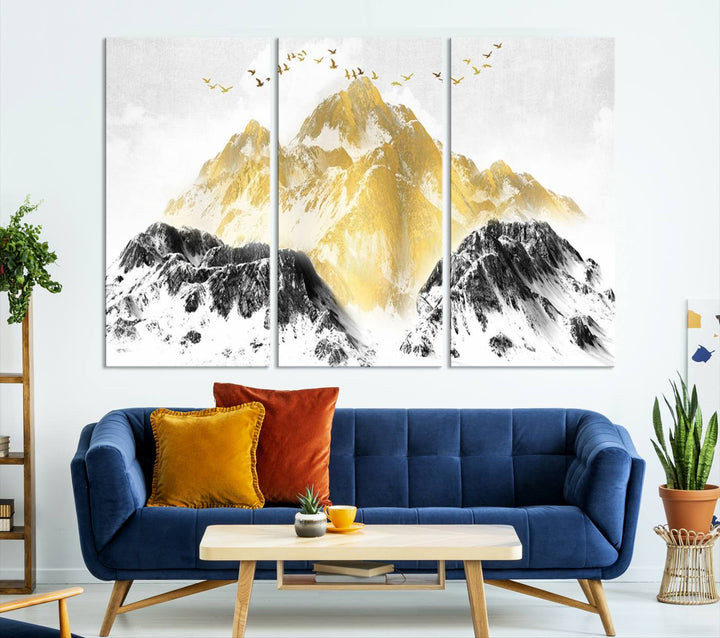 Golden Mountain Triptych Wall Art, Modern Giclee Canvas Print, Nature Landscape Decor for Living Room, Contemporary Gold and Black Wall Art