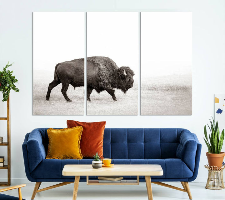 American Bison in Grasslands Triptych Canvas Wall Art – Western-Inspired Nature Decor for Home or Office