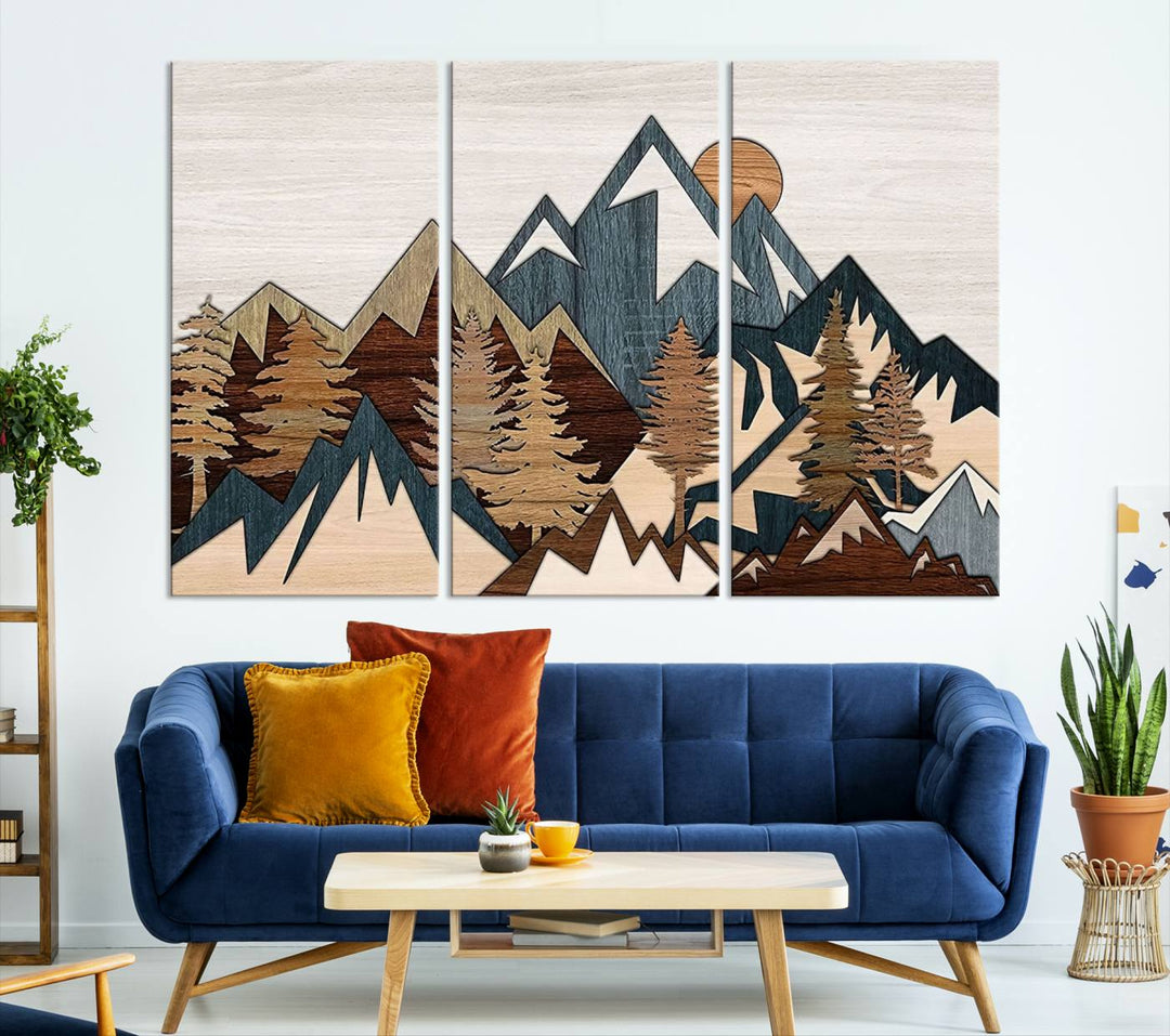 Efecto de panel de madera Cordillera Top Wall Art Print Arte moderno Decoración rústica para sala de estar, lienzo enmarcado Impresión abstracta de montaña sobre lienzo