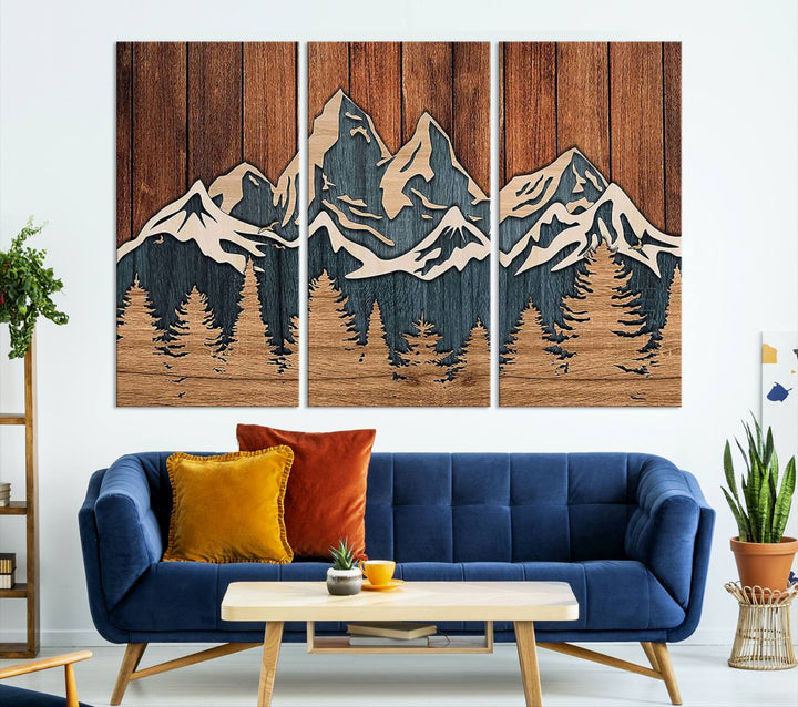 Rustic Wood Style Mountain Wall Art, Nature Forest Canvas Print, Wooden Textured Mountain Artwork, Handcrafted Landscape Decor for Farmhouse Decor