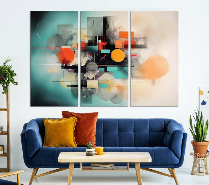 Modern living room featuring a Geometric Colorful Abstract Wall Art Canvas Print.