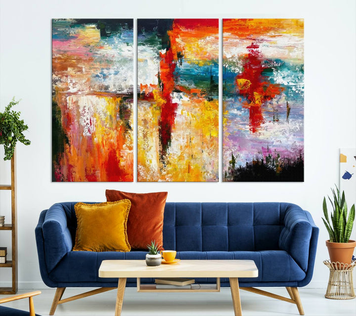 A Colorful Abstract Wall Art Canvas Print graces the wall, making this ready-to-hang masterpiece, complete with UV-protective coating, perfect for elevating any space with its vibrant allure.